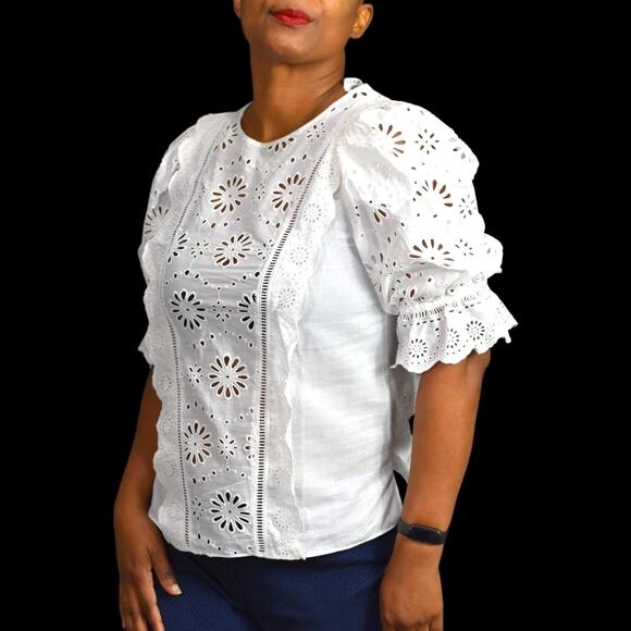 Veronica Beard Gale Blouse White Floral Eyelet Cotton Top Lattice Scallop Size 2 - Picture 8 of 16